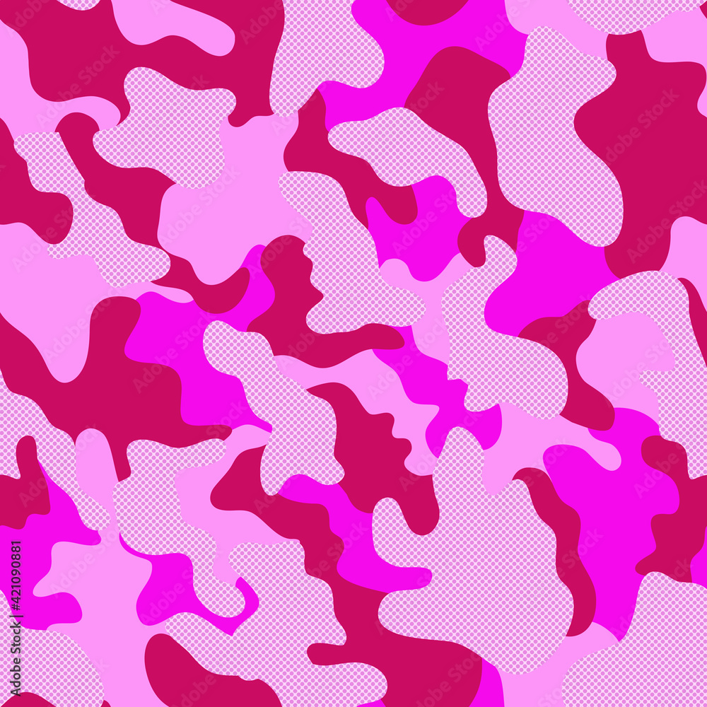 Camouflage print pink seamless graphic backdrop. Creative vector texture. Pink repeated color vector camouflage with dot. Seamless Pattern.