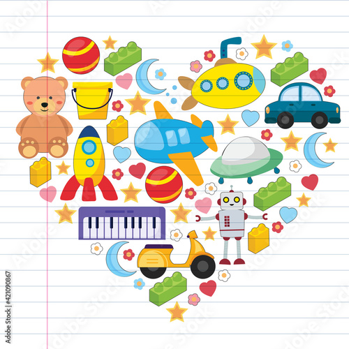 Vector pattern with the collection of toys. Doll, submarine, plane, ship. Children and kindergarten illustration.