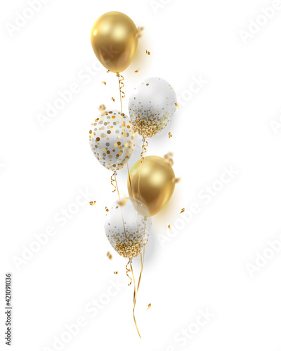 Bouquet, bunch of realistic golden ballons, transparent with confetti, serpentine, paper circles and ribbons. Vector illustration isolated on white background.