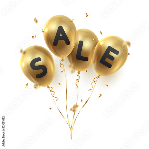 Poster for Sale with gold ballons and black text, letters with golden serpentine, confetti isolated on white background. Vector Holiday illustration for decor, design, arts, advertising.
