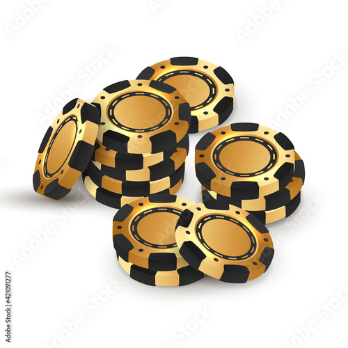 Stacks of golden with black poker chips, tokens on white background. Vector illustration for casino, game design, flyer, poster, banner, web, advertising.