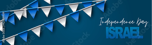 Israel Independence Day banner or site header. National holiday design template. Israeli symbolics background with blue and white flag colors bunting garland and the pentacle. Vector illustration.