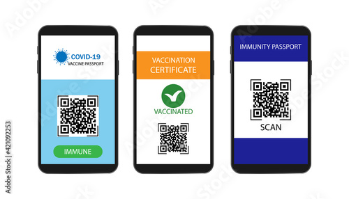 Vaccine passport .Coronavirus Immune passport template icon. Smartphone with immune health passport for covid-19.Immunity passport for travel during .Coronavirus pandemic concept.Vector isolated.
