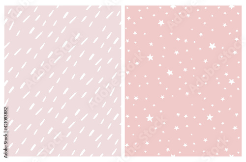 Fototapeta Naklejka Na Ścianę i Meble -  Tiny Stars Vector Pattern. Irregular Hand Drawn Simple Starry Sky Print ideal for Fabric,Textile, Wrapping Paper.Little Stars Isolated on a Pink Background. White Brush Stripes on a Light  Pink. 