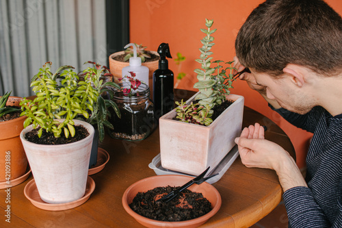 Hombre caucásico joven en la terraza de su casa cuidando sus plantas y suculentas con varias plantas encima de la mesa y material para cuidarlas  photo