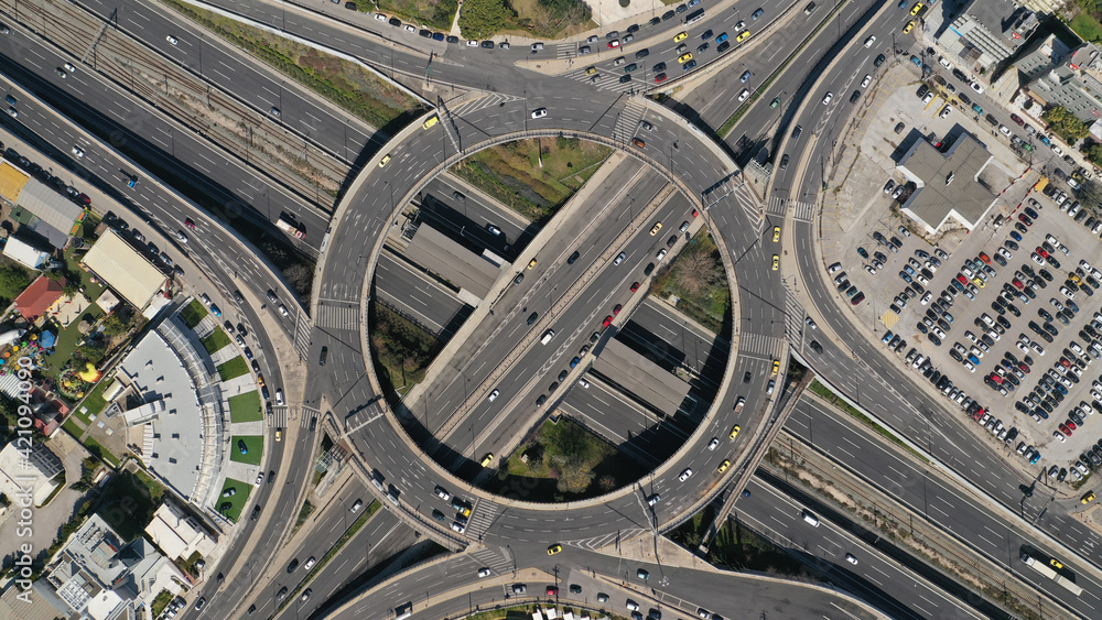 Aerial drone photo of ring road in Kifisias and Attiki odos avenues, a popular multilevel circular junction road, Marousi, Attica, Greece Aerial drone photo of ring road in Kifisias and Attiki odos avenues, a popular multilevel circular junction road, Marousi, Attica, Greece