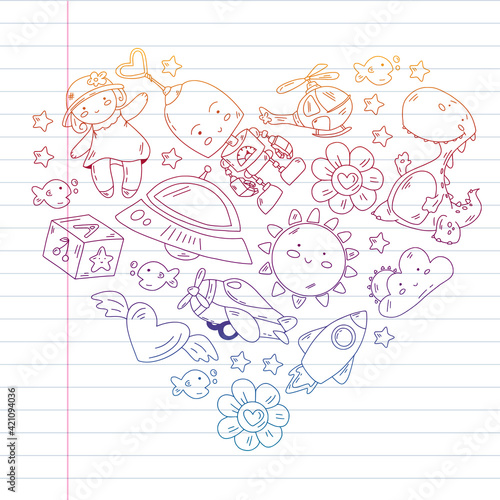 Kindergarten, toys vector pattern. Little children creativity and imagination. Online education, educational games.