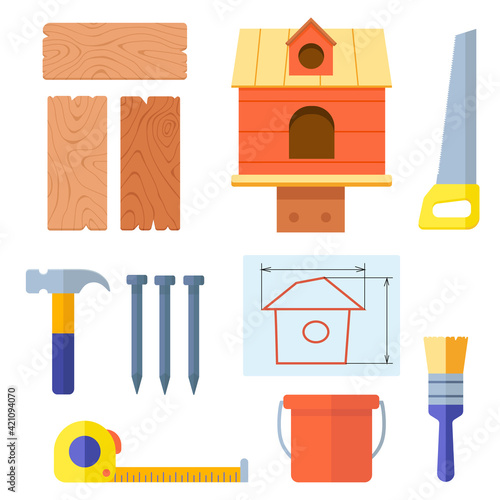 Set of building materials and tools for building birdhouse with handmade. Crafts made of wooden boards and nails. Drawing of bird house. Bird protection Day . Vector illustration in cartoon style