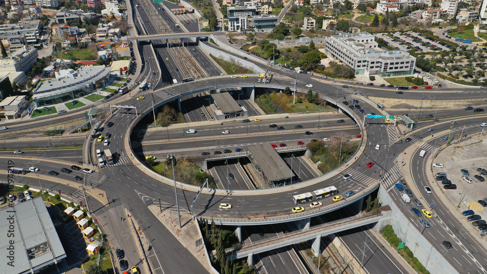 Aerial drone photo of ring road in Kifisias and Attiki odos avenues, a popular multilevel circular junction road, Marousi, Attica, Greece Aerial drone photo of ring road in Kifisias and Attiki odos avenues, a popular multilevel circular junction road, Marousi, Attica, Greece