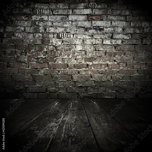 Empty Old Brick Wall Texture with wooden floor  Grungy wooden floor and old brick wall texture grunge background  Abstract Web Banner. Copy Space.