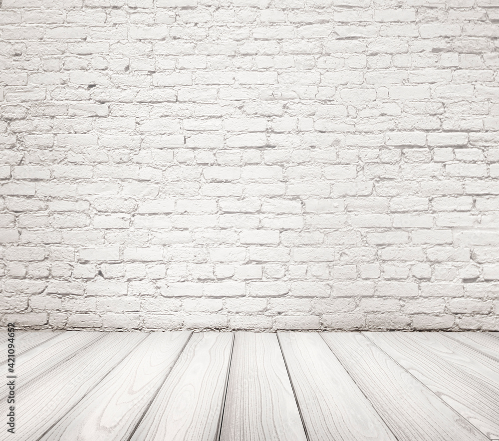 Empty Old Brick Wall Texture with wooden floor, Grungy wooden floor and old brick wall texture grunge background, Abstract Web Banner. Copy Space.