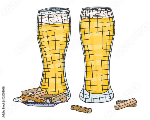bright glasses with beer sketch with croutons. new