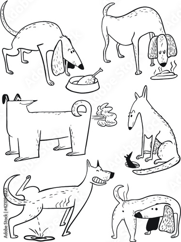Cute doodle set with dogs. Vector illustration with pets. Black and white sketchy animal characters in childlike style. Collection with cheerful dogs