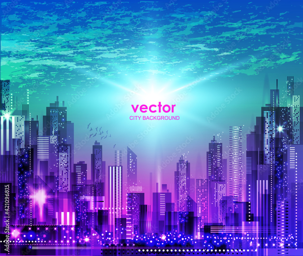 Night city illustration with neon glow and vivid colors. illustration with architecture, skyscrapers, megapolis, buildings, downtown.