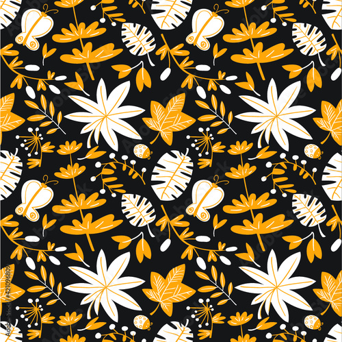 Cute floral seamless pattern. Background with leaves and plants and butterflies. Colorful vector illustration for surface design, textile and fashion prints with bugs and leaves.