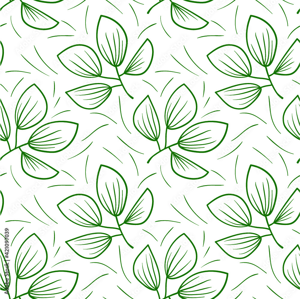Abstract leaves summer seamless pattern.  Background with branch of leaves in line art doodle style. Design element for wallpapers, textile, fabric, surfaces
