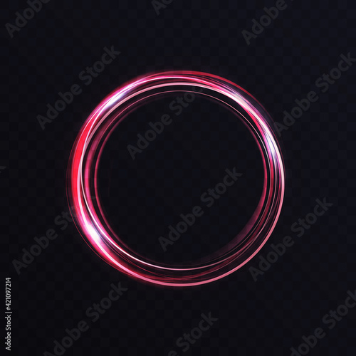 Luminous vibrant neon circle ring, abstract glowing light effect vector illustration. Shiny storm trace round swirl, swirling lines trails, twinkle motion element on transparent black background