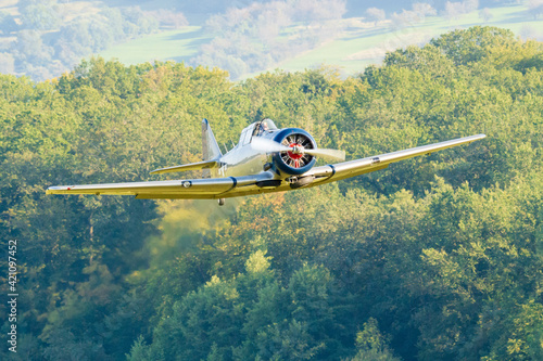 Former training aircraft in a fast flyby