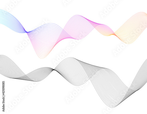 Design elements. Wave of many gray lines. Abstract wavy stripes on white background isolated. Creative line art. Vector illustration EPS 10. Colourful shiny waves with lines created using Blend Tool.