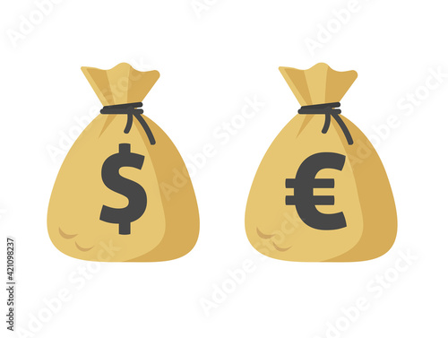 Dollar cash sack and euro money bag icon vector flat cartoon isolated on white sign