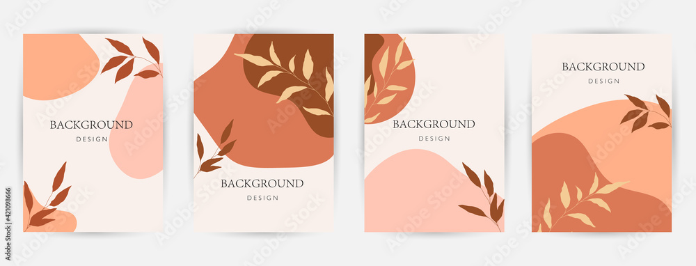 Fototapeta premium Modern abstract background. Social media stories and post creative Vector set. cover, invitation, banner, placard, brochure, poster, card, flyer and other. Tropical leaves warm color of the earth tone