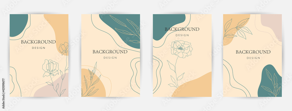 Fototapeta Modern abstract background. Social media stories and post creative Vector set. cover, invitation, banner, placard, brochure, poster, card, flyer and other. Tropical leaves warm color of the earth tone