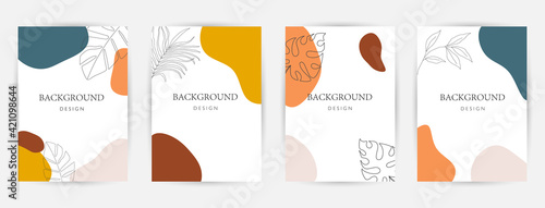 Modern abstract background. Social media stories and post creative Vector set. cover, invitation, banner, placard, brochure, poster, card, flyer and other. Tropical leaves warm color of the earth tone
