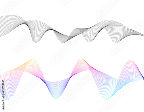 Design elements. Wave of many gray lines. Abstract wavy stripes on white background isolated. Creative line art. Vector illustration EPS 10. Colourful shiny waves with lines created using Blend Tool.