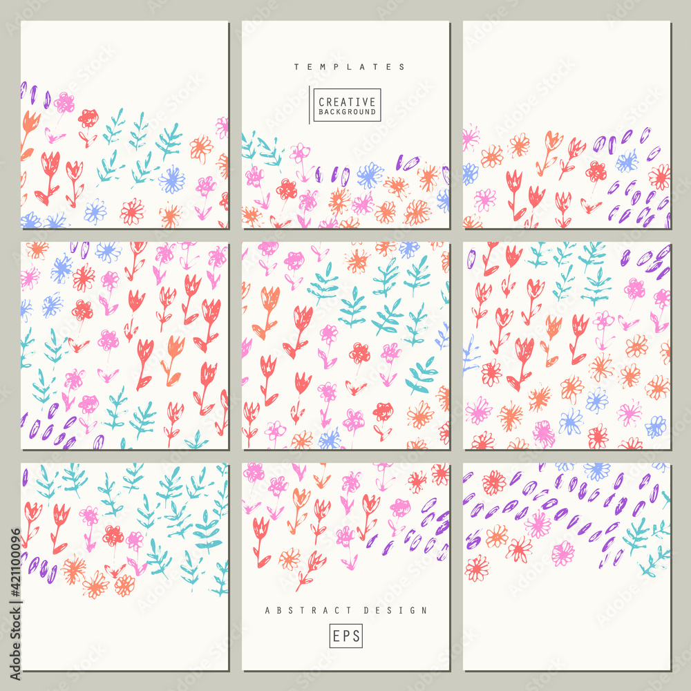 Set of hand drawn floral background templates naive style with tulips, daisy, leaves