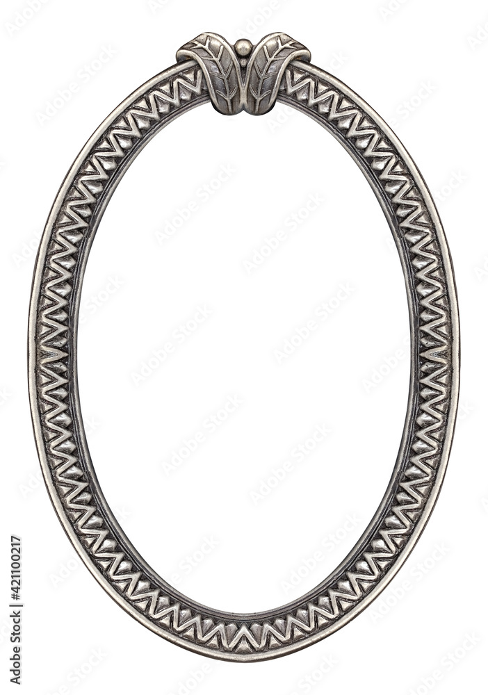 Silver oval frame for paintings, mirrors or photo isolated on white background. Design element with clipping path Silver oval frame for paintings, mirrors or photo isolated on white background. Design element with clipping path