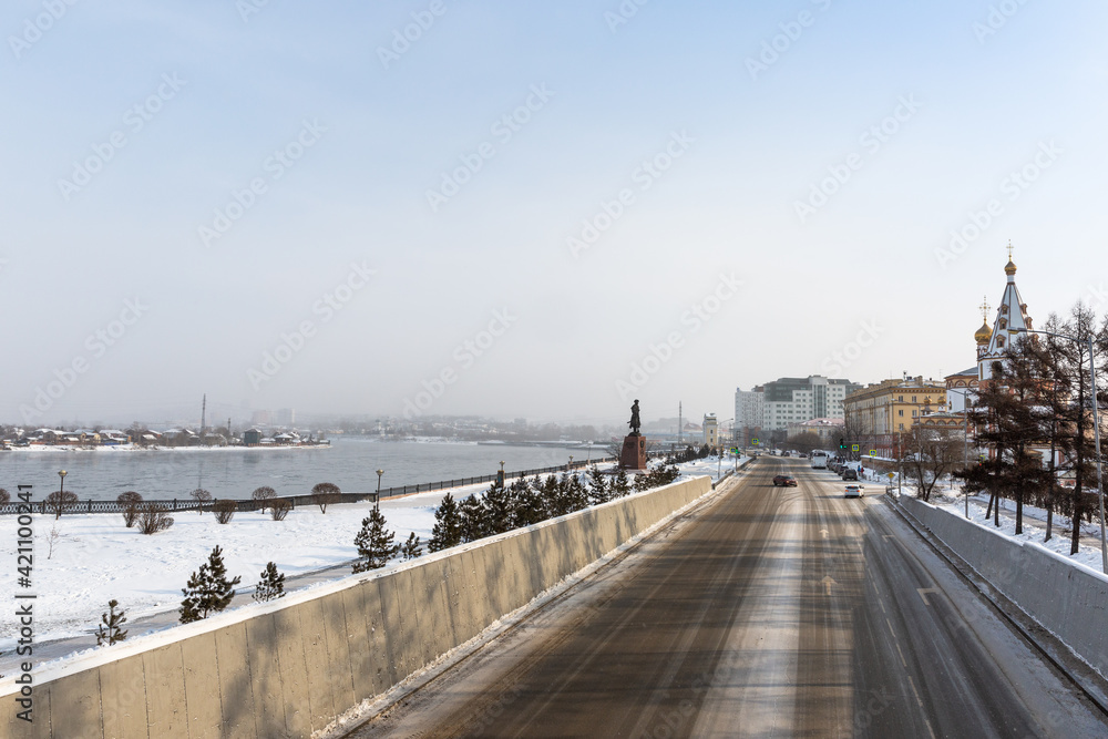 Angara Embankment in Irkutsk in winter, Siberia