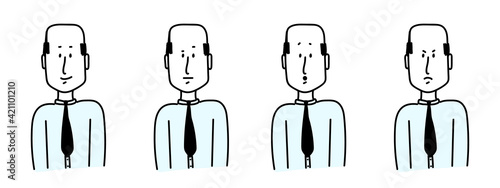 Cartoon drawing of a man, with different facial expressions.