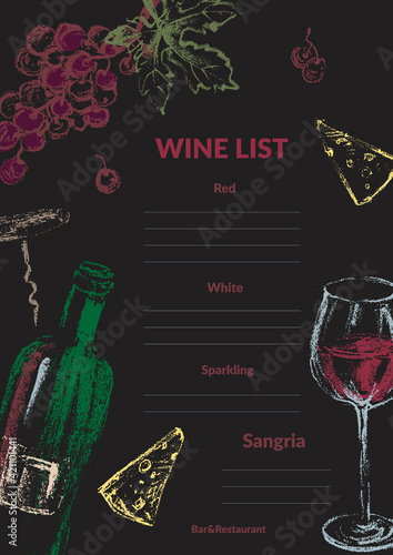 Hand drawn colored chalk sketch wine list