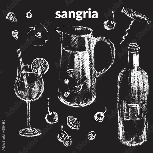 Hand drawn chalk summer sangria wine set