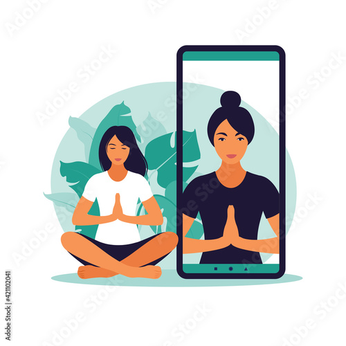 Yoga online concept with healthy woman doing yoga exercise at home with online instructor. Wellness and healthy lifestyle at home. Woman doing yoga exercises. Vector illustration.