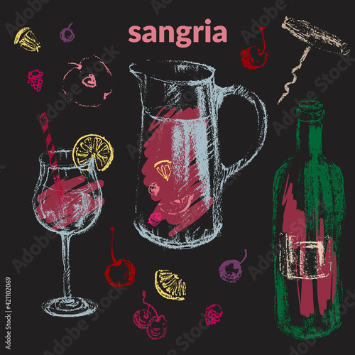 Hand drawn chalk summer sangria wine set for wine list, party invitation