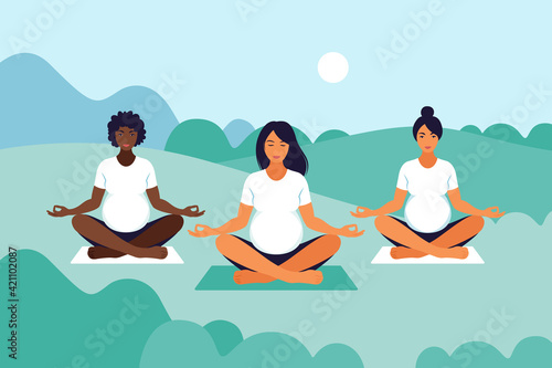 Pregnant women with landscape. Yoga class outdoors. Meditation with coach in park. Prenatal training for relaxation. Flat vector illustration.