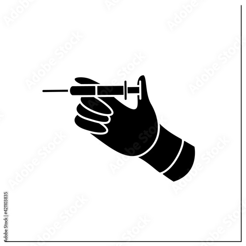 Neurotoxin injection glyph icon. Full medicine syringe.Hand keep syringe.Ready to injection.Beauty collection.Vaccination. Cosmetic procedure. Filled flat sign. Isolated silhouette vector illustration