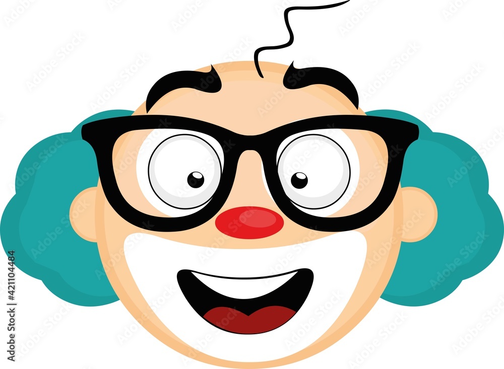 Vector emoticon illustration of the head of a cartoon clown with glasses and a happy expression Vector emoticon illustration of the head of a cartoon clown with glasses and a happy expression