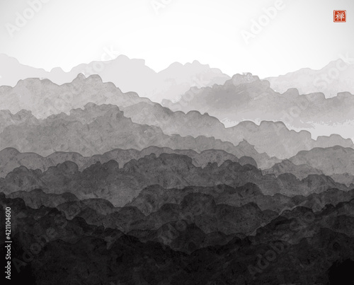 Landscape with misty forest mountains. Traditional oriental ink painting sumi-e, u-sin, go-hua. Translation of hieroglyph - zen