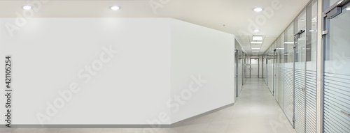 Empty bank office hall with glass walls and doors