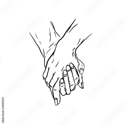 Sketch of two humans holding hands close up. Hand in hand. Outline graphic elements. Monochrome concept for Valentine's Day. Black line isolated on white background. Stock vector illustration