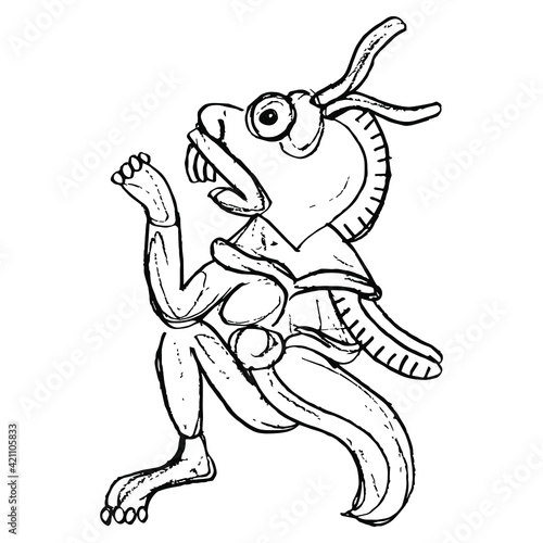Monster locust. Native American art of Aztec Indians. Animal pre Columbian mythological design from Mexican codex. Hand drawn linear doodle rough sketch. Black silhouette on white background.