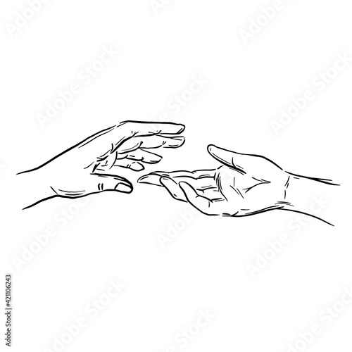 Sketch of two human hands reaching towards each other in close-up. Outline graphic elements. Monochrome concept for Valentine's Day. Black line isolated on white background. Stock vector illustration