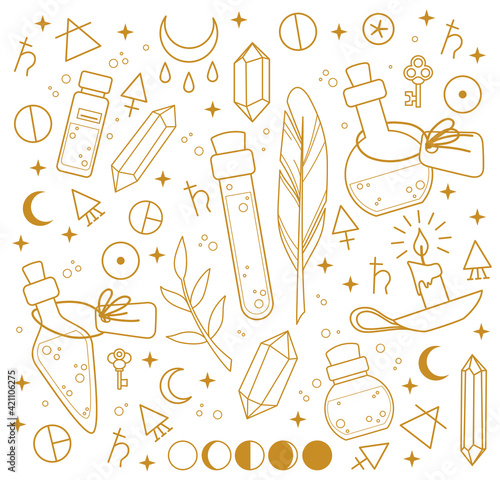 Set of alchemy flasks and symbols