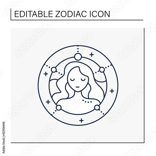 Virgo line icon. Sixth fire sign in zodiac. Female woman birth symbol. Mystic horoscope sign. Astrological science concept. Isolated vector illustration. Editable stroke 