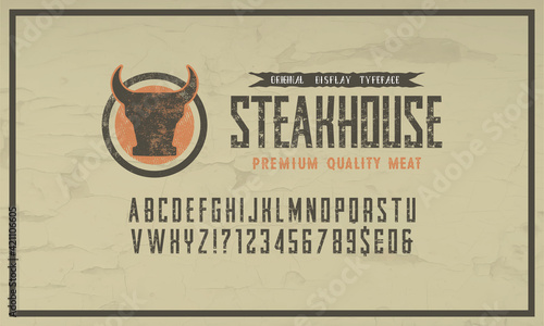 Font Burger. Vintage typeface design. Fashion type. Flare serif. Textured alphabet. Modern display vector letters. Drawn in graphic style. Set of Latin characters, numbers, punctuation.