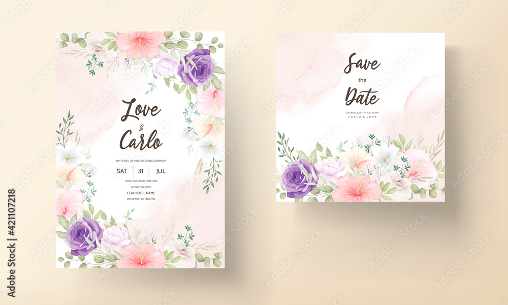 Beautiful hand drawn wedding invitation card flower design