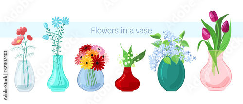 Flowers in a vase. Vector set, isolated on a white background.