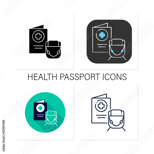 Health passport icons set. Necessary document about health status for travel. Vaccinated card.Surely put in bag.Collection of icon in liner, glyph, chalk, flat styles.Isolated vector illustrations
